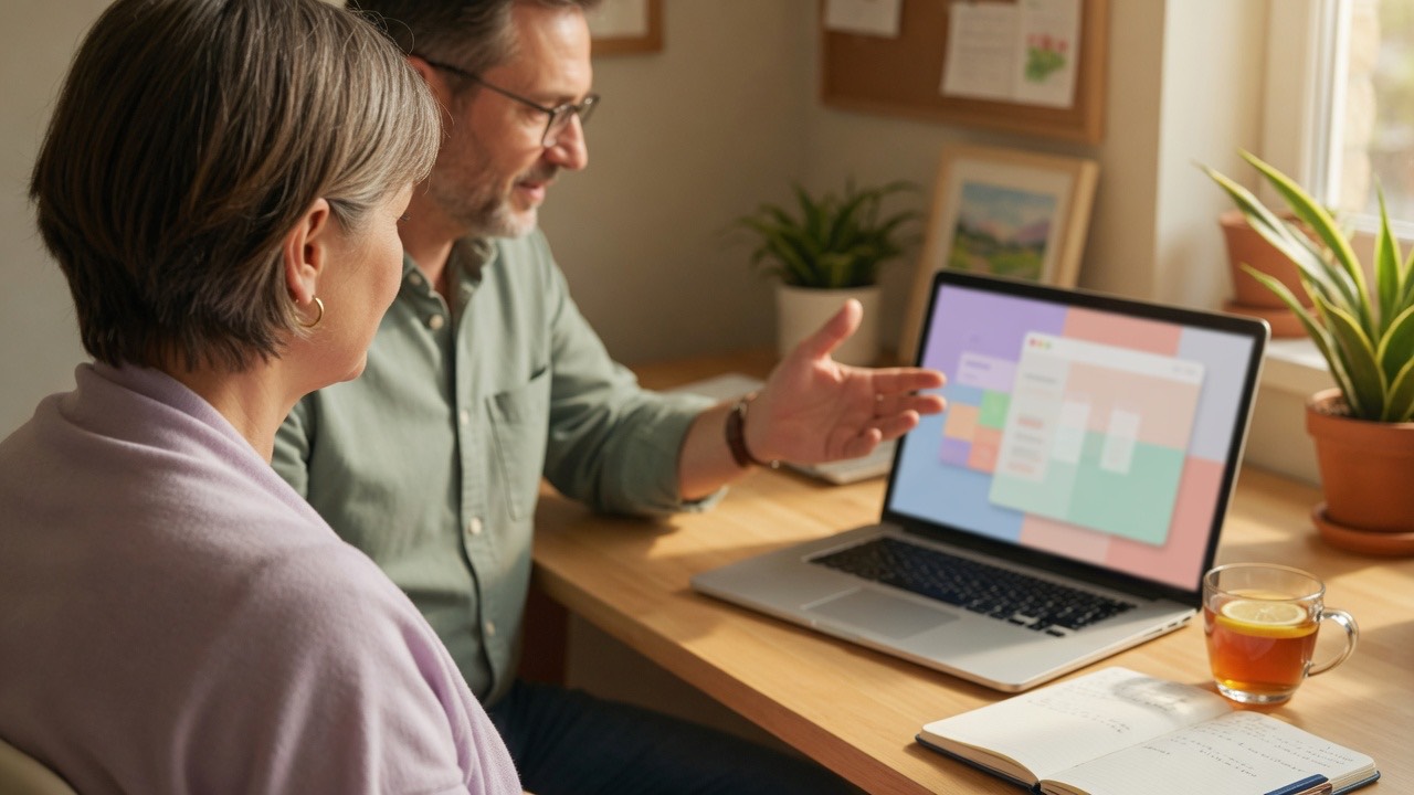 Over-the-shoulder view of a 1-on-1 session: a coach gestures at the laptop screen while the learner follows along.