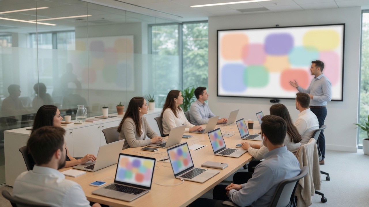 A team training session in an office conference room: colleagues with laptops follow a trainer at a wall display.