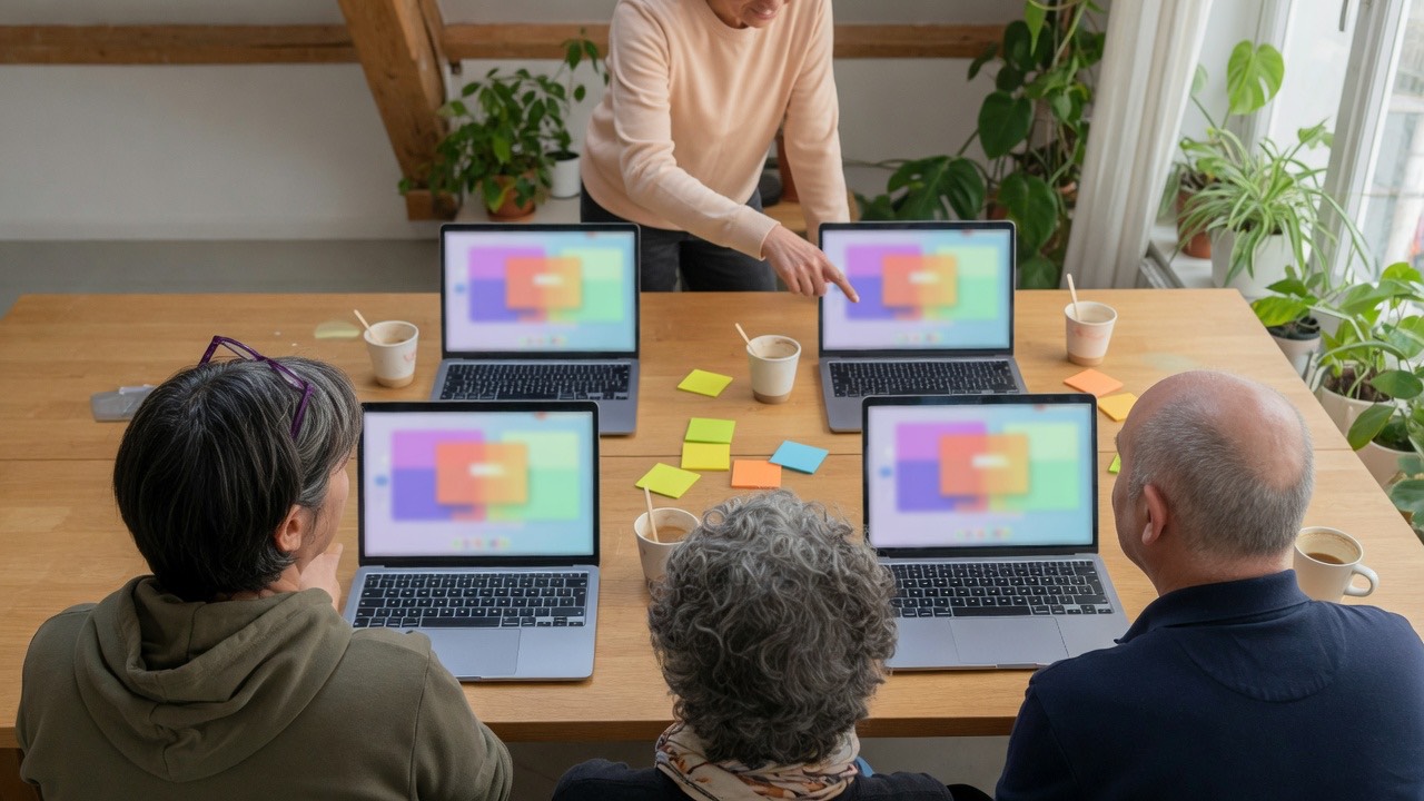 A small workshop seen from behind the participants: each person works on their own laptop while the instructor points at one screen.